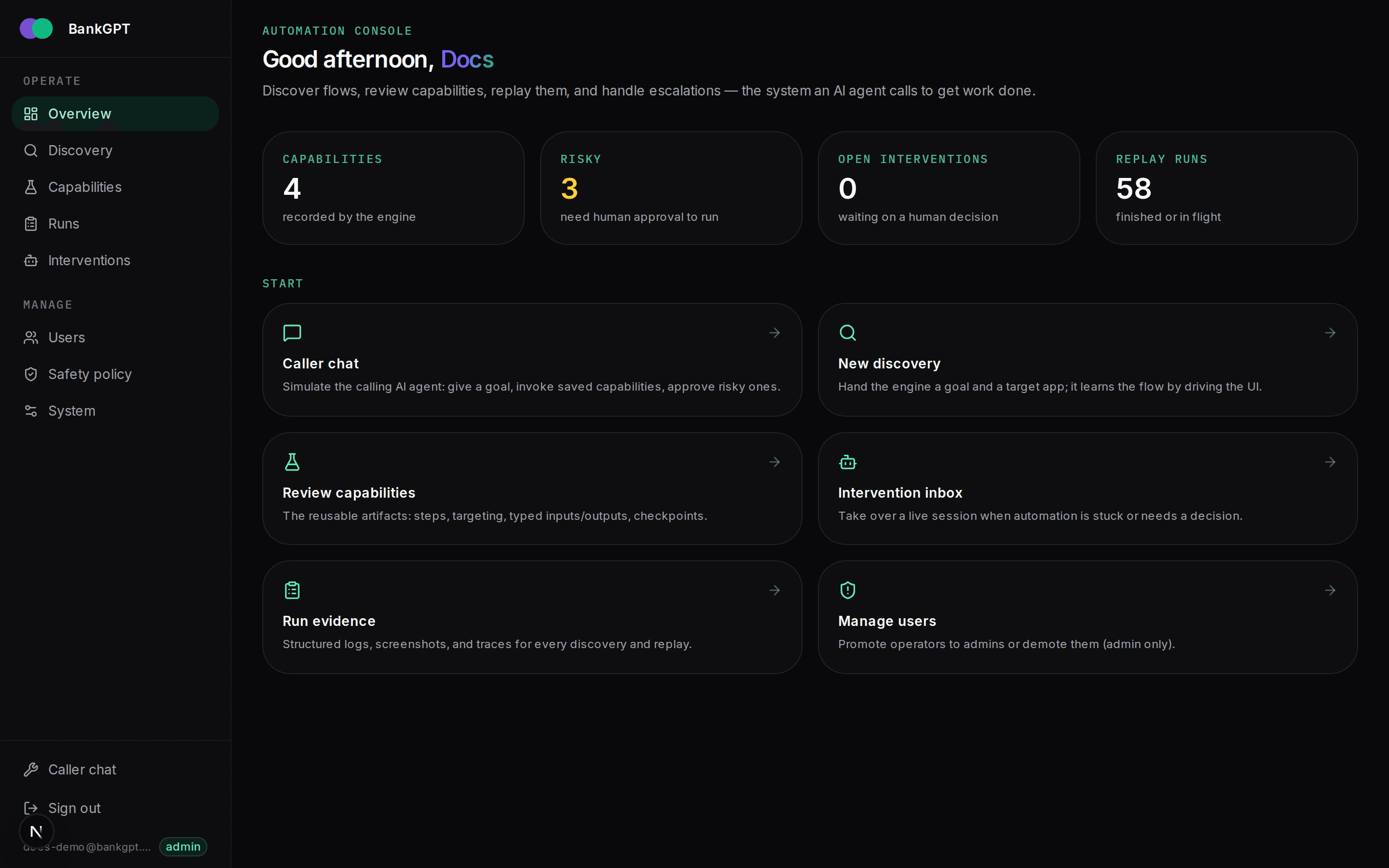 The BankGPT automation console overview